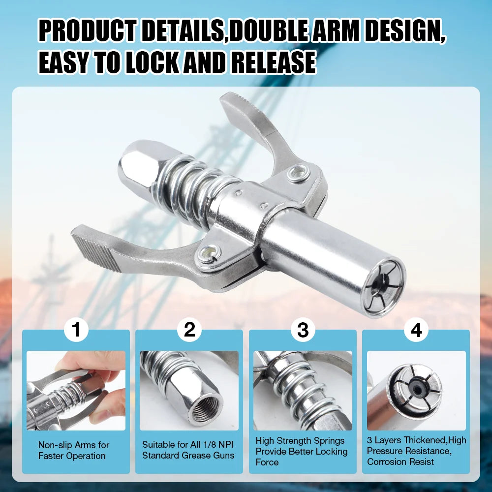 10,000 PSI Double Handle Quick-Lock Grease Gun Coupler 1/8 NPT