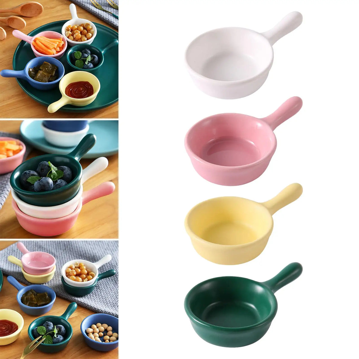 Ceramic Dipping Sauce Bowls with Handle – Set of 3 Stackable