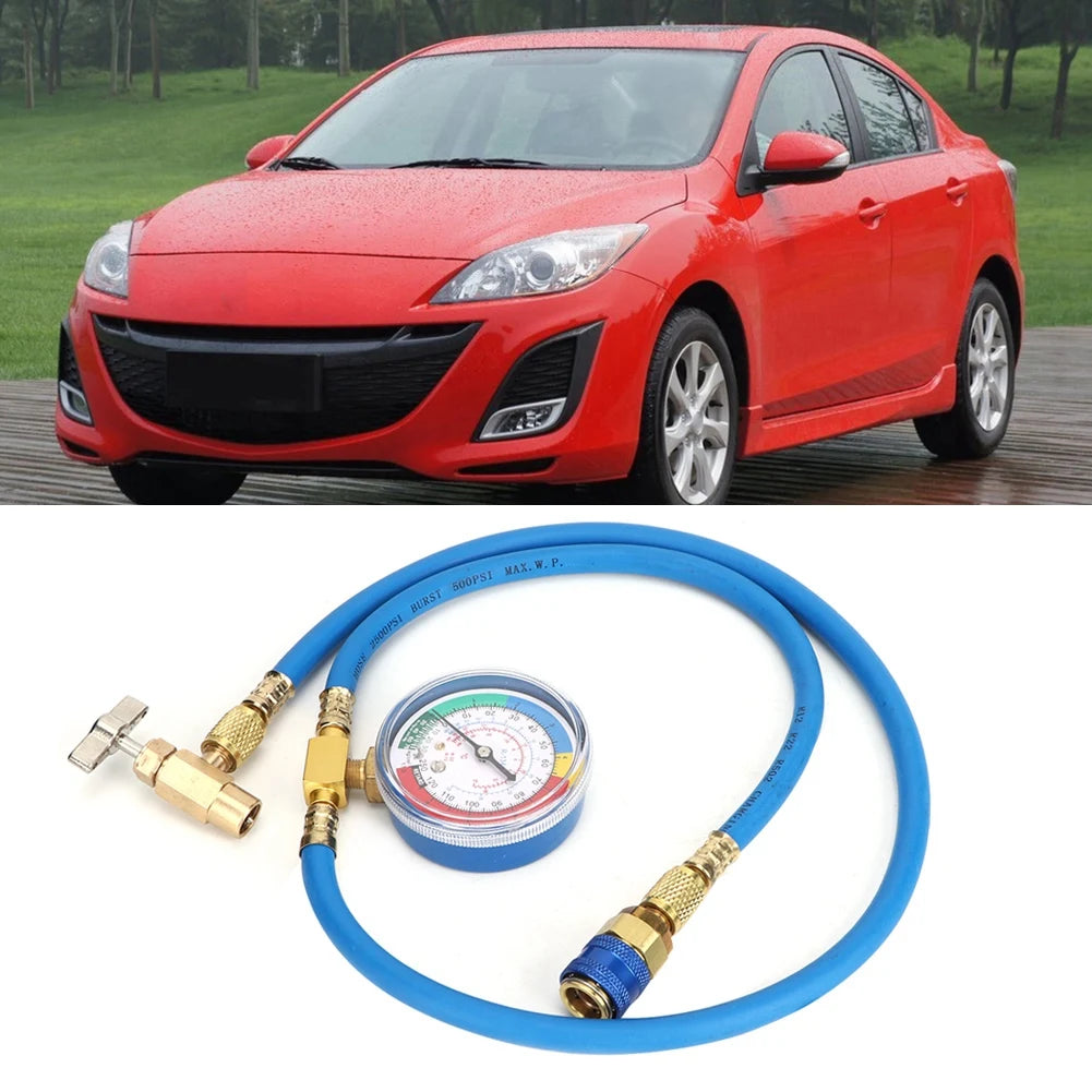 R134a Refrigerant Charging Hose with Pressure Gauge & Fittings