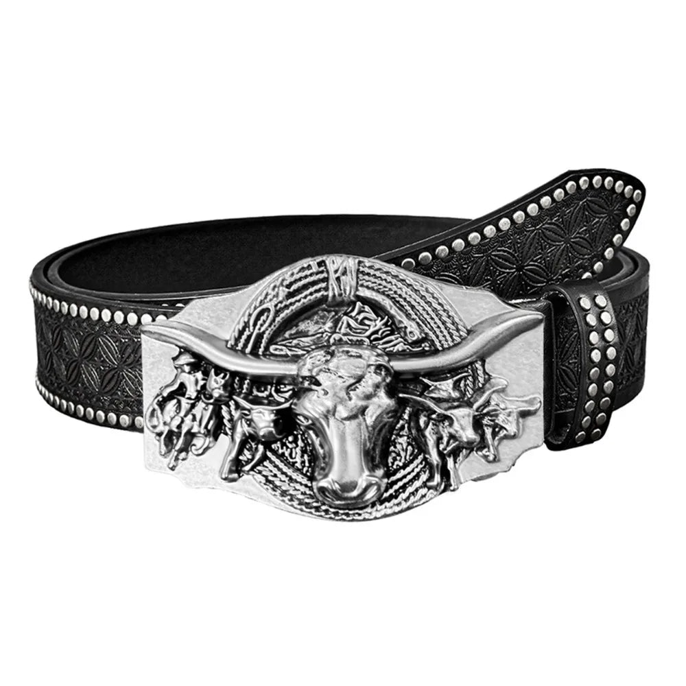 Vintage Western Cowboy PU Leather Belt – Ox Head Buckle