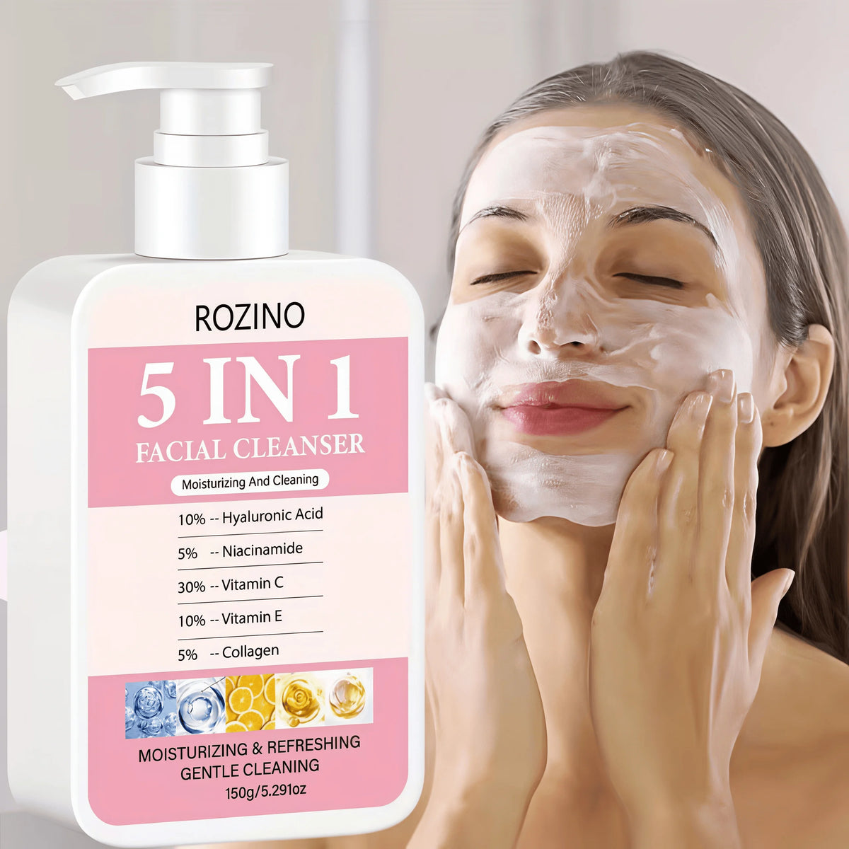ROZINO 5-in-1 Facial Cleanser 150g – Hyaluronic Acid & Niacinamide
