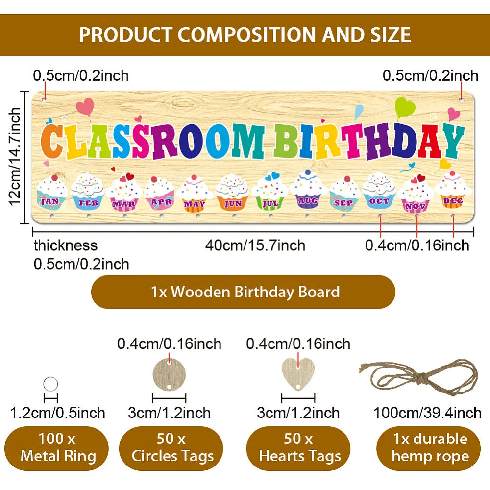 Wood Birthday Calendar Wall Hanging Board with Hemp Rope & Tags