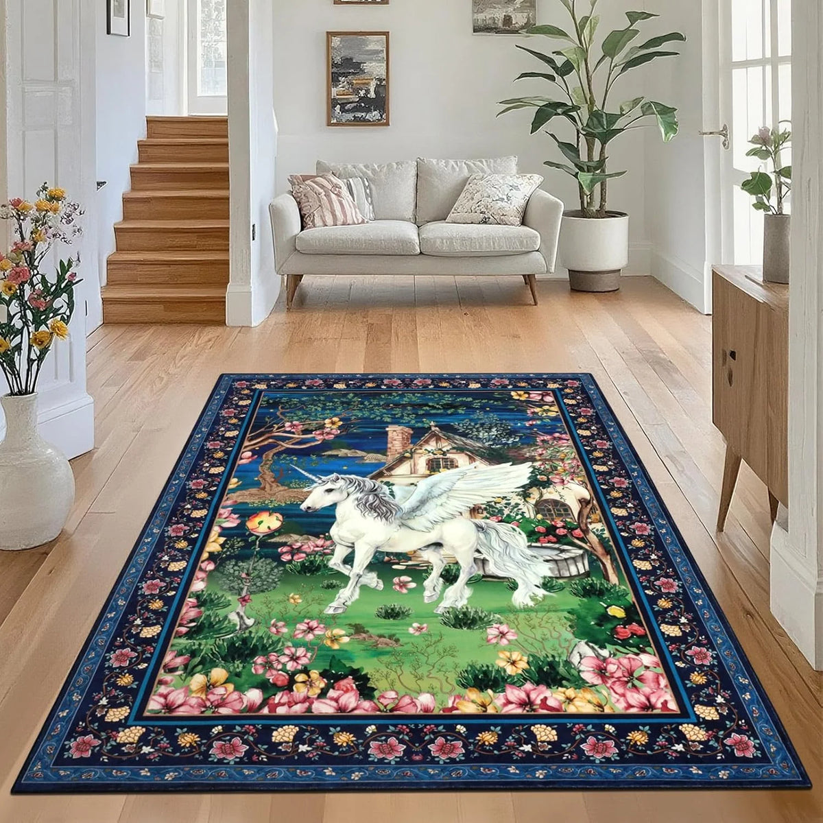 Pink Boho Unicorn Flower Rug – Kids Room & Nursery Carpet