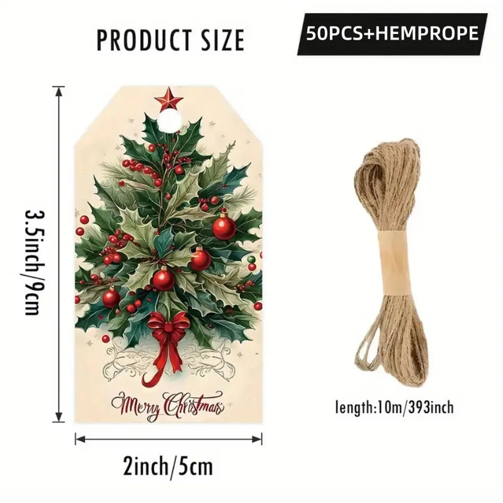 50-Pack Christmas Gift Tags with Jute Twine | Festive Cards