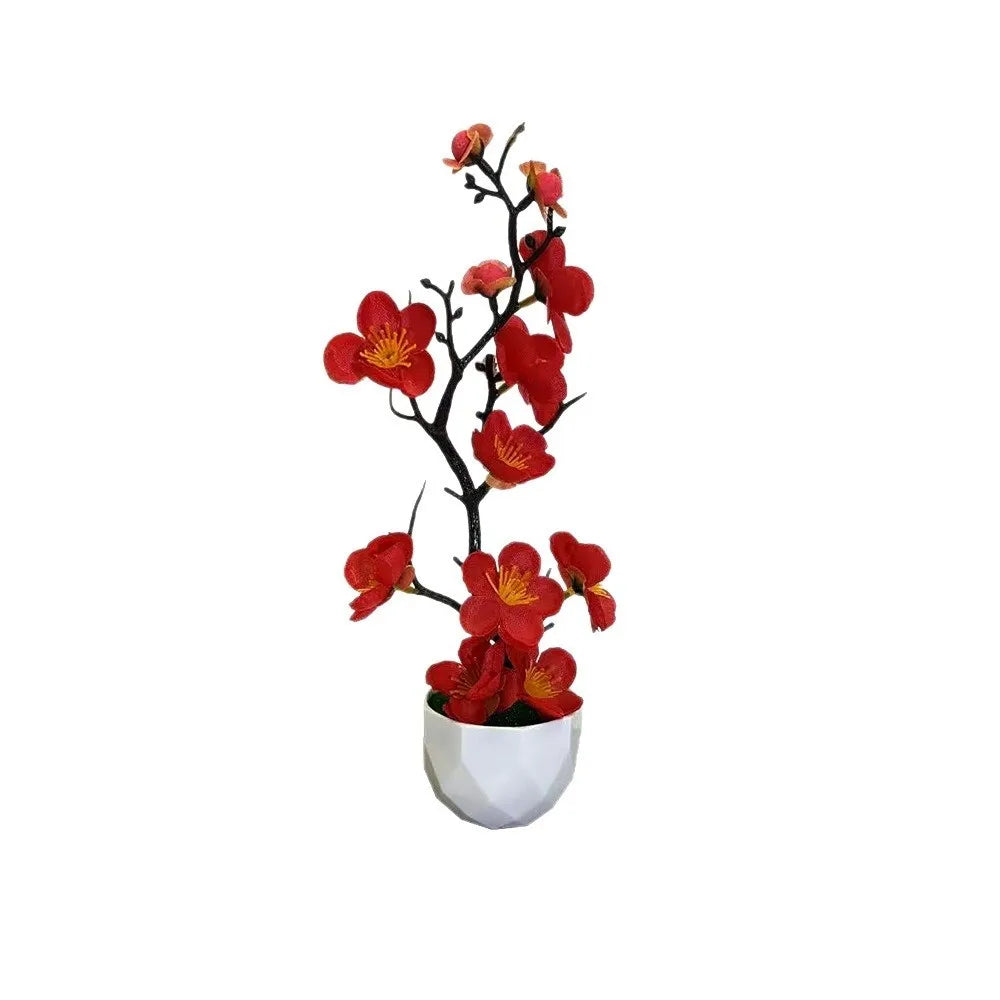 Red Artificial Plum Blossom Bonsai – Fake Wintersweet Potted Plant