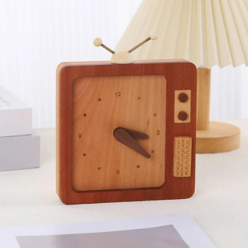 Wooden Retro Square Desk Alarm Clock – Vintage TV Style