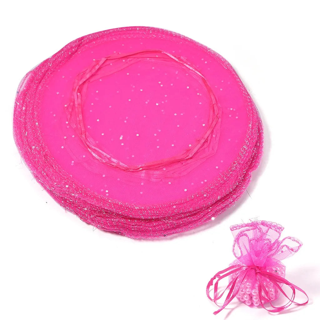 Round Organza Drawstring Gift Pouches – 10pc Sequin Tulle