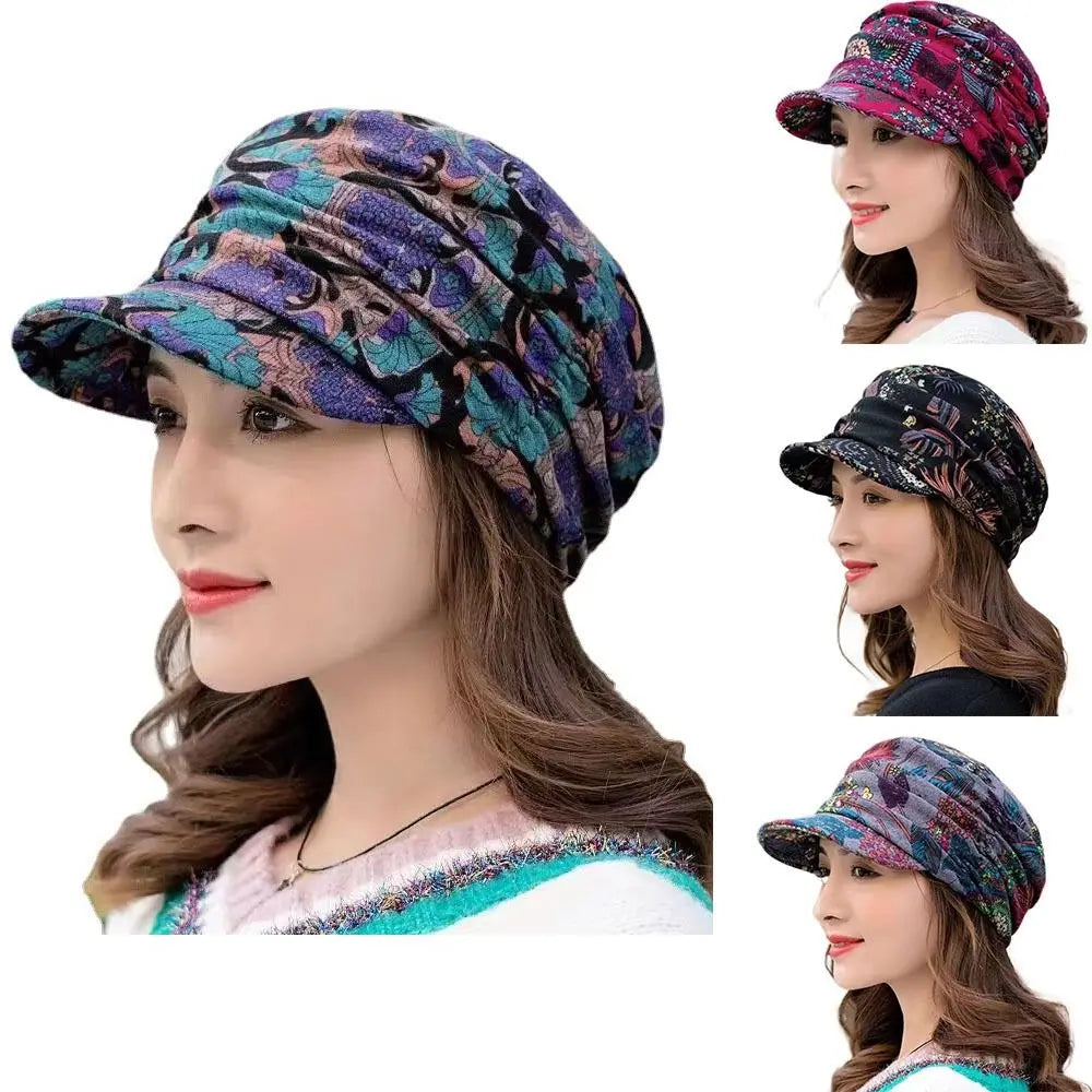 Women's Short Brim Floral Beanie Hat – Polyester Winter Cap