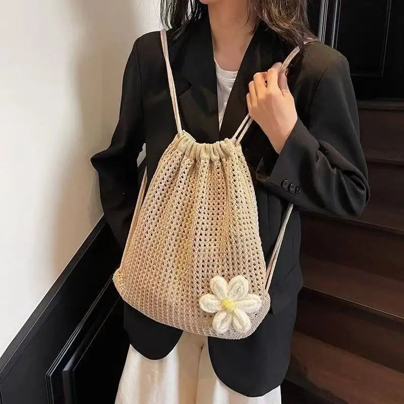 Women's Crochet Drawstring Backpack – Daisy Flower Knit Bag