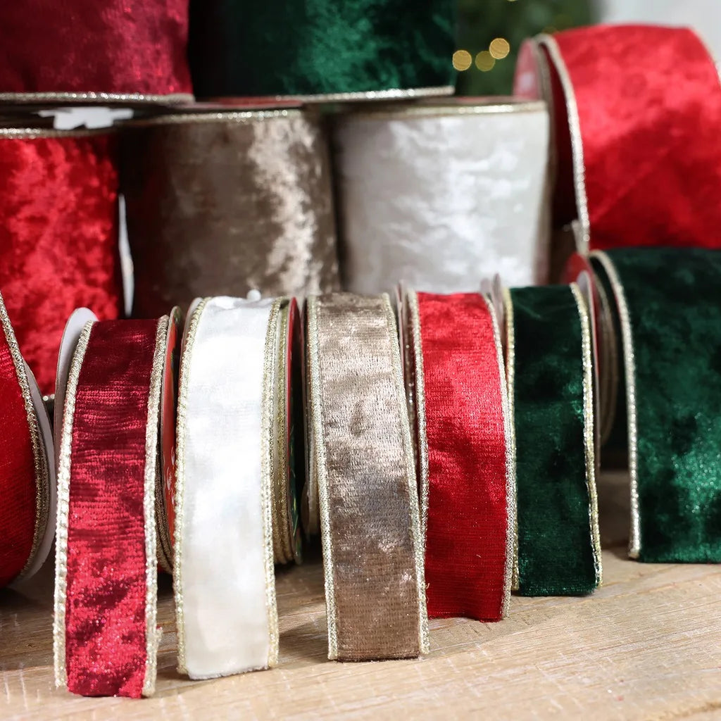 Gold Trim Wired Velvet Ribbon for Christmas Wreaths & Gifts