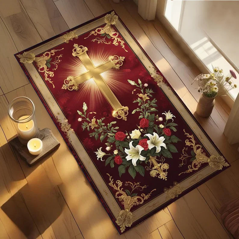 Orthodox Cross Prayer Rug | Floral Byzantine Art Christian Mat