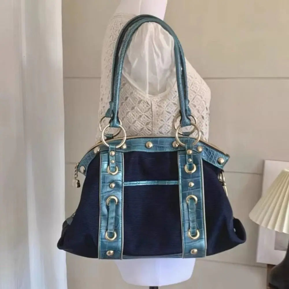 Y2K Patchwork Shoulder Bag | Riveted Large Capacity Tote
