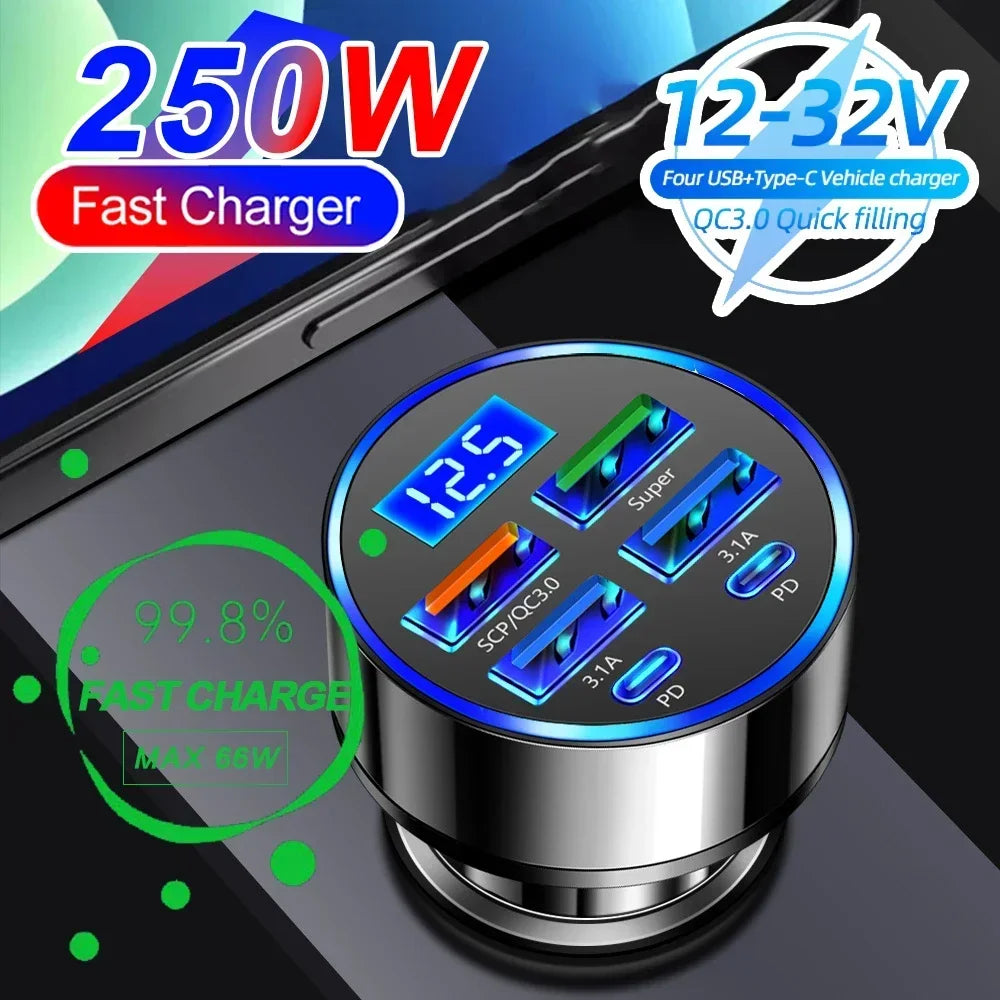 27W 6-in-1 Car Charger LED Display | 4 USB + 2 USB-C PD
