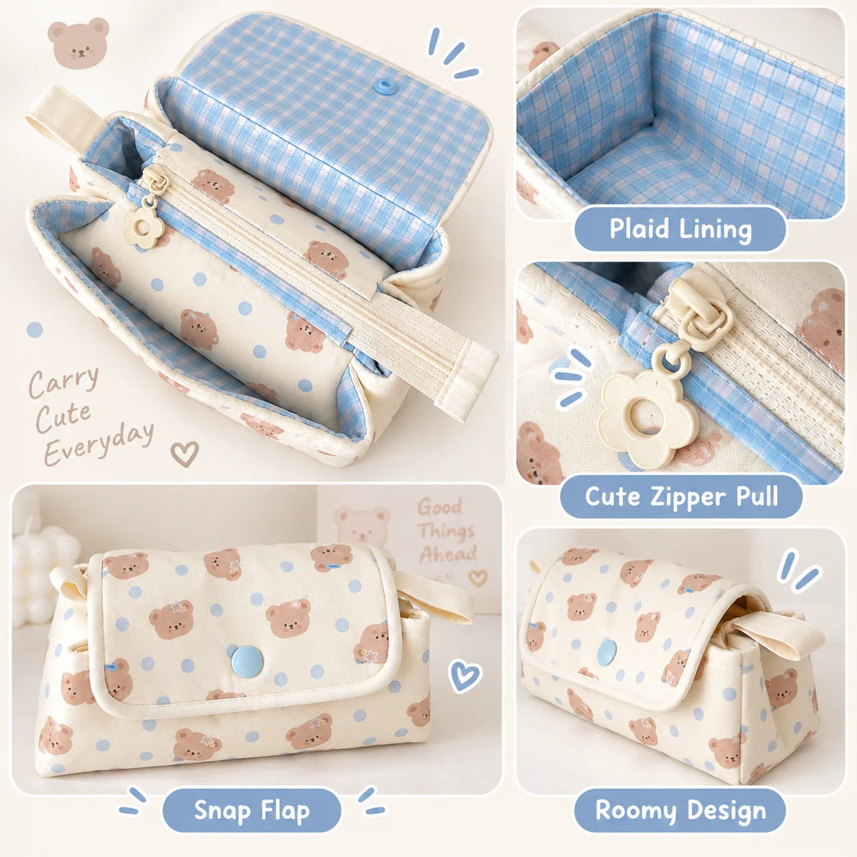 Cute Bear 3-Layer Pencil Case – Large Capacity Fabric Pouch