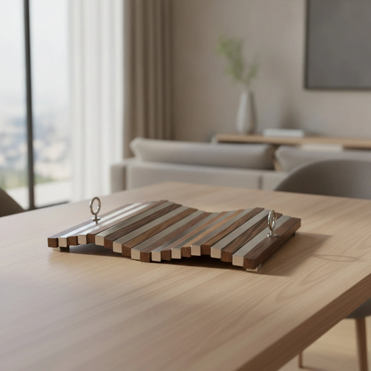 Modern Serving Tray with Handles – Wood & Metal Slimline