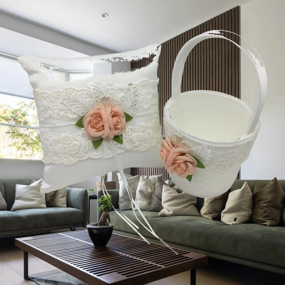 Rose Ring Bearer Pillow & Flower Girl Basket Wedding Set