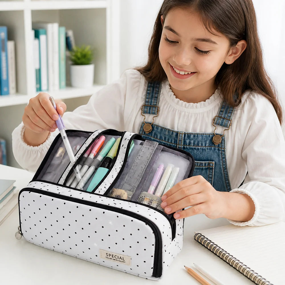 Polka Dot Pencil Case – Large Capacity Multi-Compartment Bag