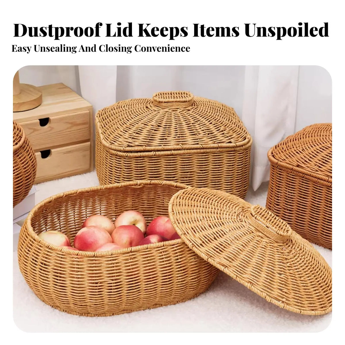 Round Rattan-Style Woven Basket with Lid | Aesthetic Storage Box