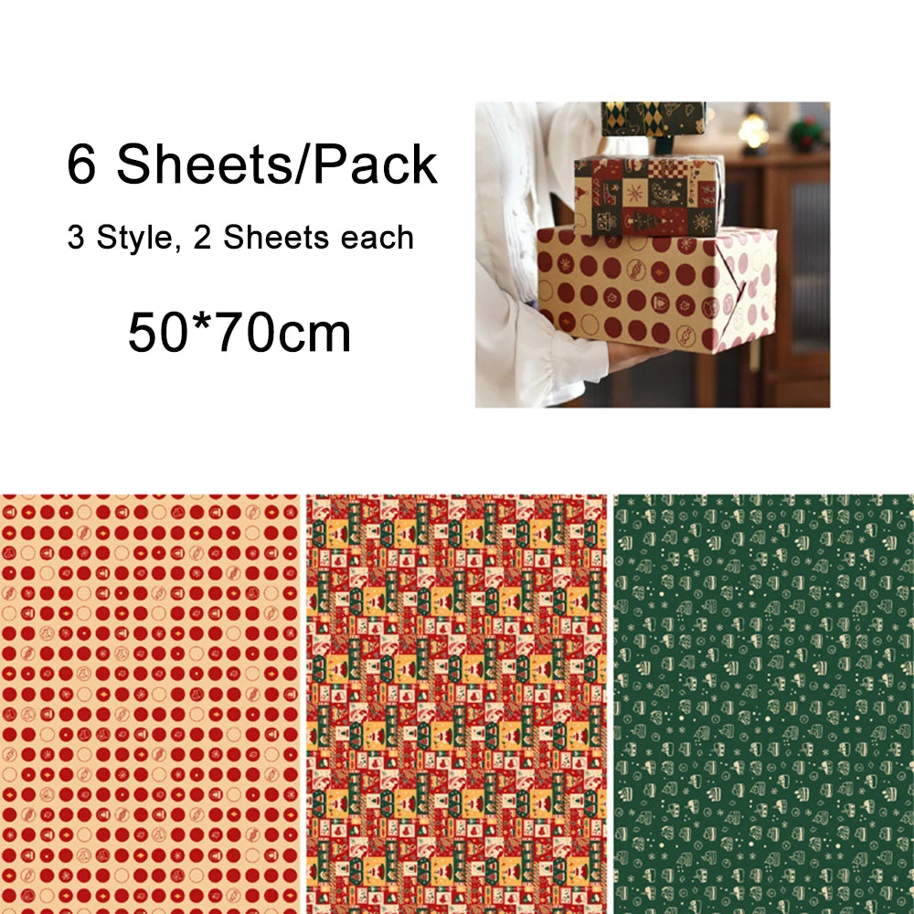 6-Sheet Christmas Kraft Wrapping Paper – Elk, Santa & Snowman