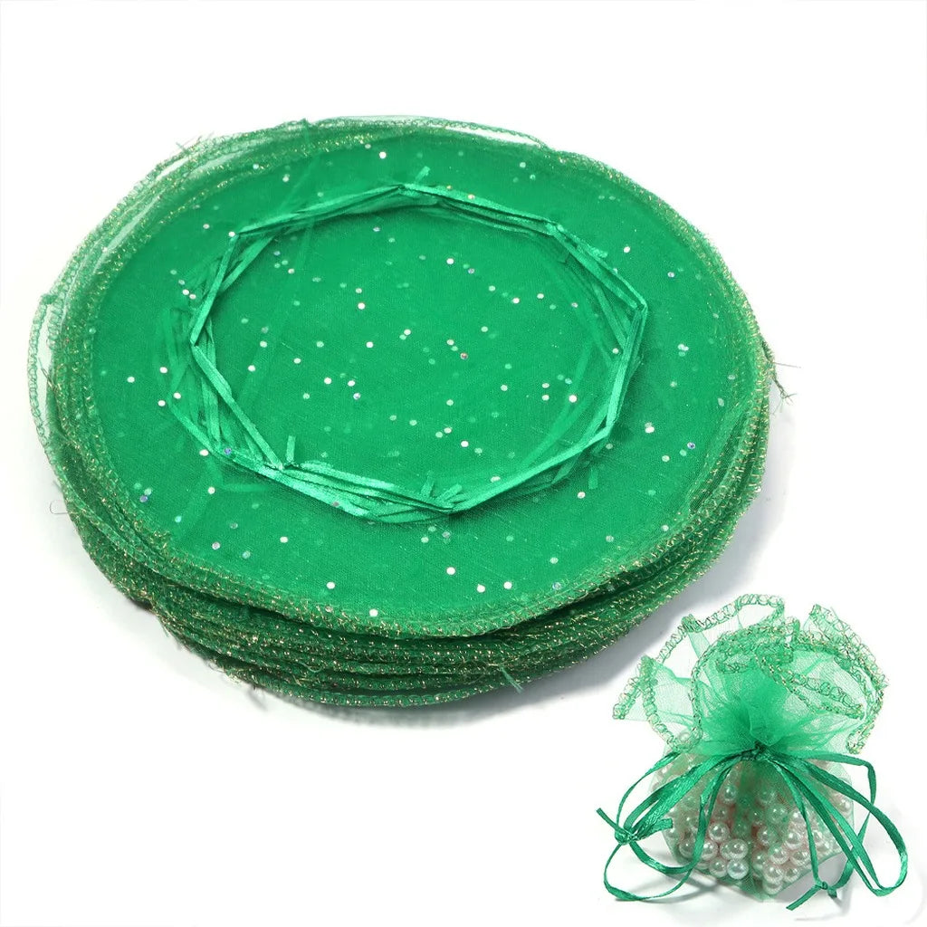 Round Organza Drawstring Gift Pouches – 10pc Sequin Tulle