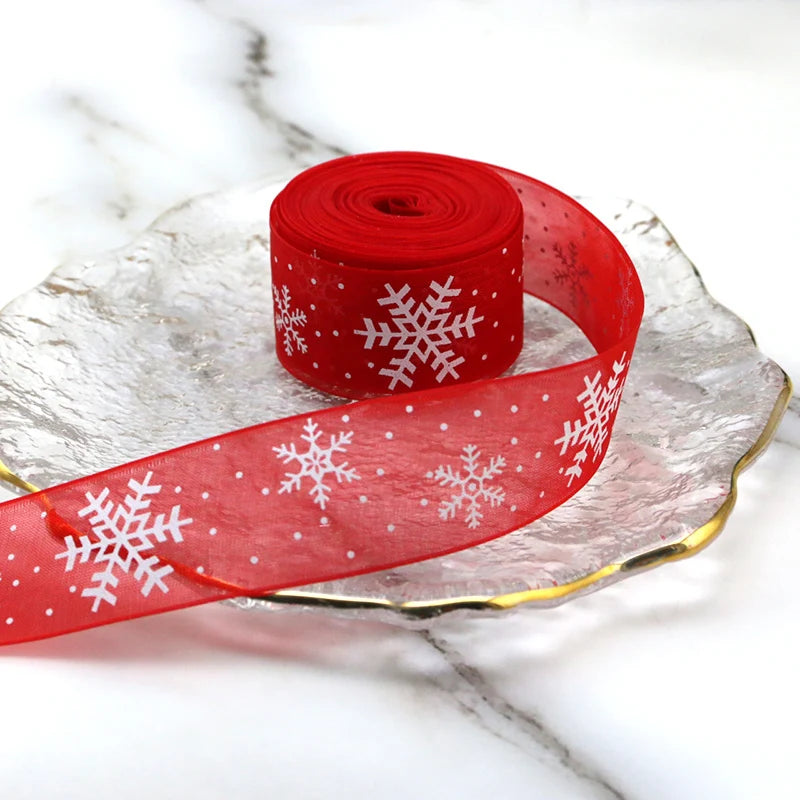 25mm Red Organza Christmas Snowflake Ribbon – 10M Roll