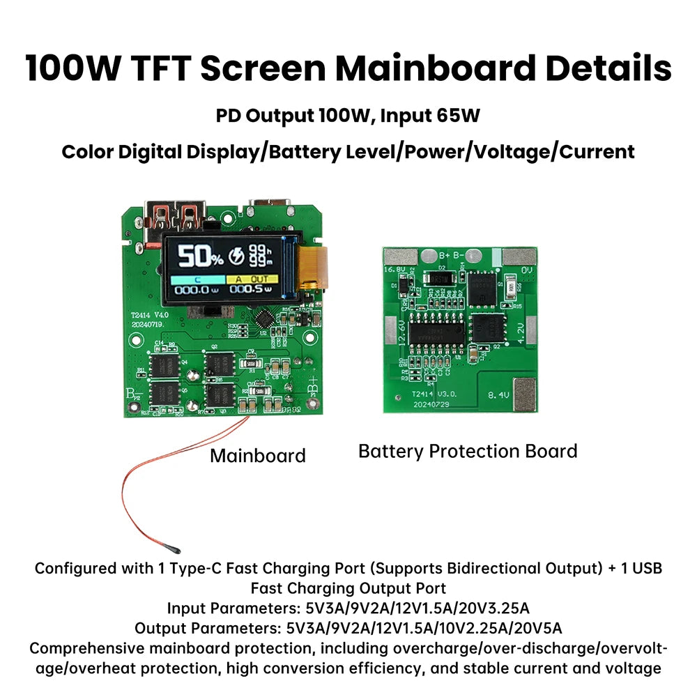 PD 100W Power Bank DIY Module – 4S BMS TFT Colour Display