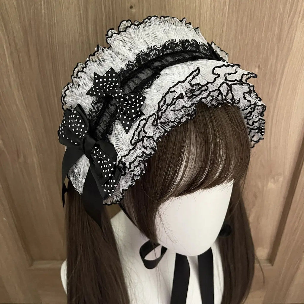 Lolita Lace Headband – Black White Polka Dot Bow Headdress
