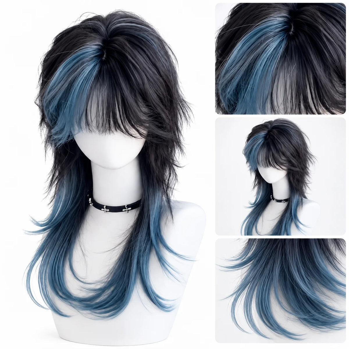 Black Blue Wolf Cut Wig – Layered Jellyfish Mullet Highlights