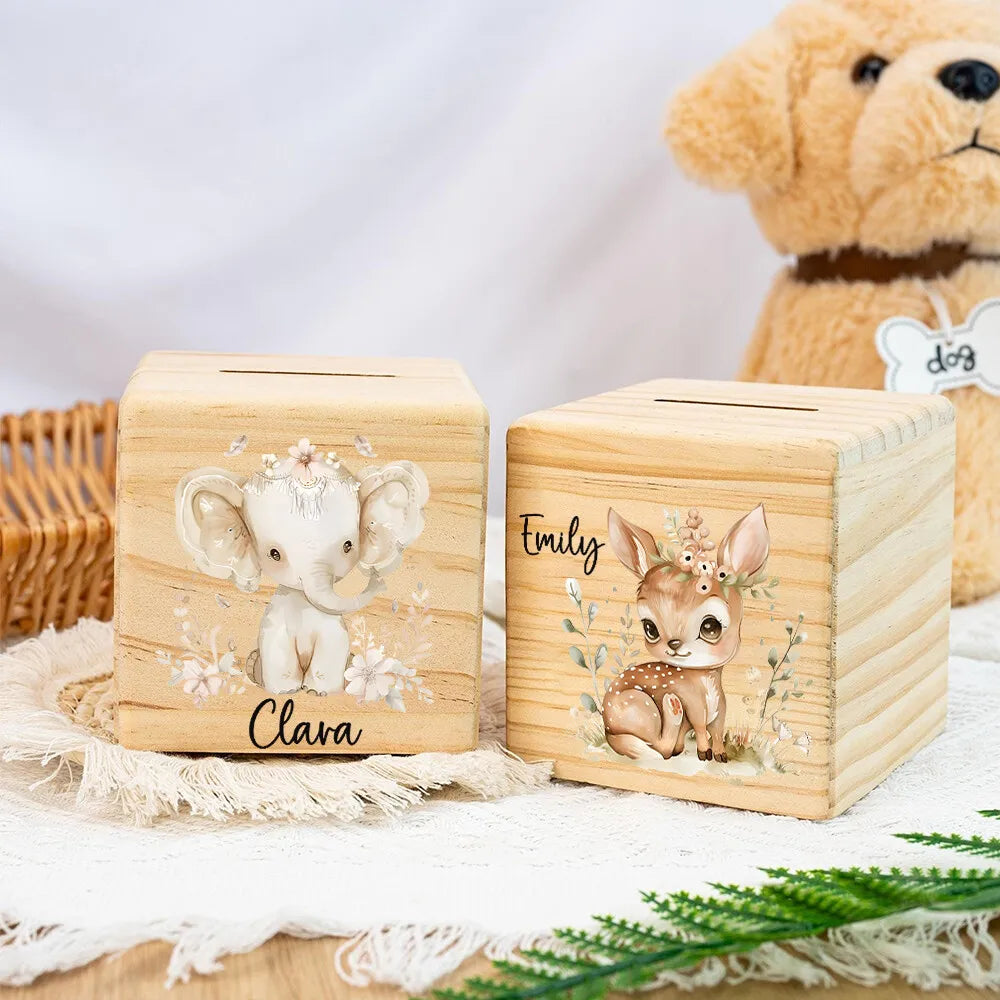 Personalised Wooden Piggy Bank – Elephant & Deer Coin Box Gift