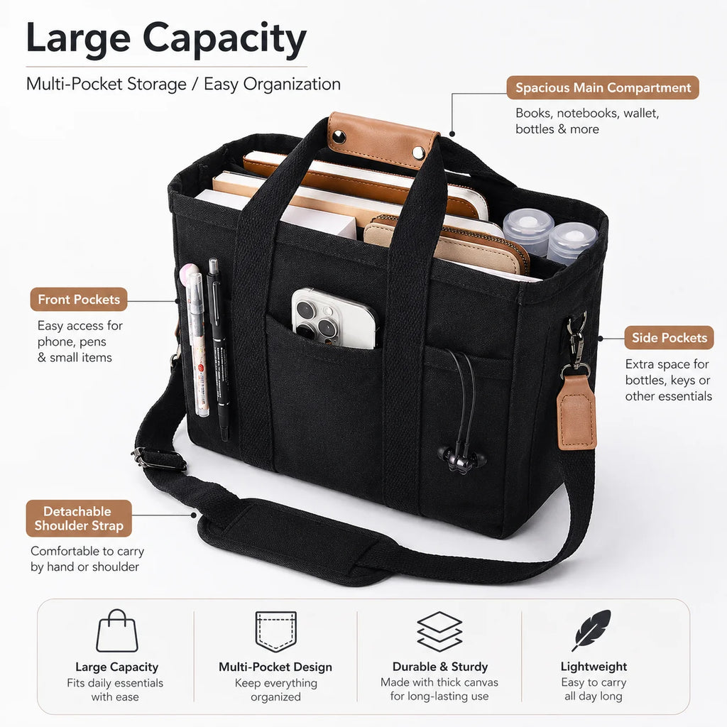 Large Canvas Tote Organizer Bag – Multi-Pocket & Shoulder Strap