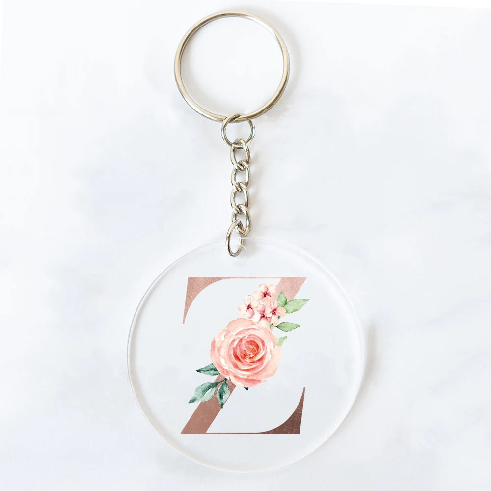 Monogram Floral Acrylic Keychain – Initial Letter Key Ring Gift