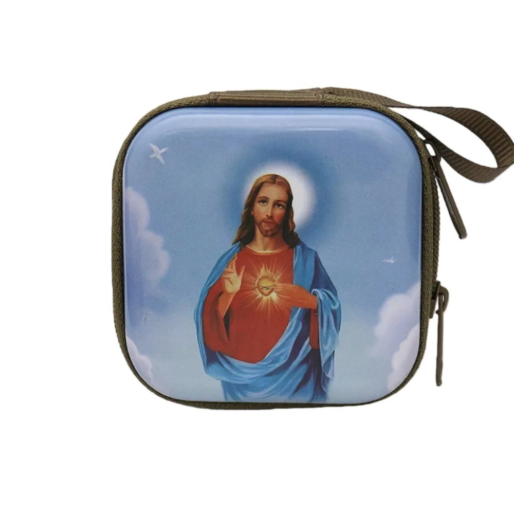 Virgin Mary Rosary Storage Box – Zippered Metal Christian Gift