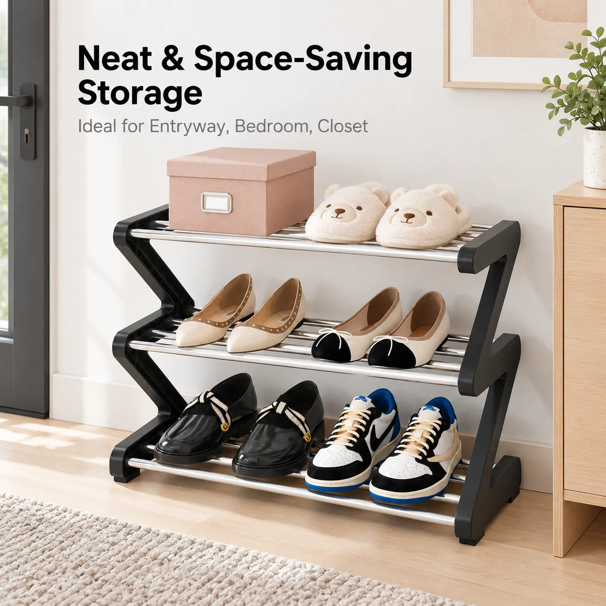 3-Tier Z-Shaped Shoe Rack – Space-Saving Metal Organizer