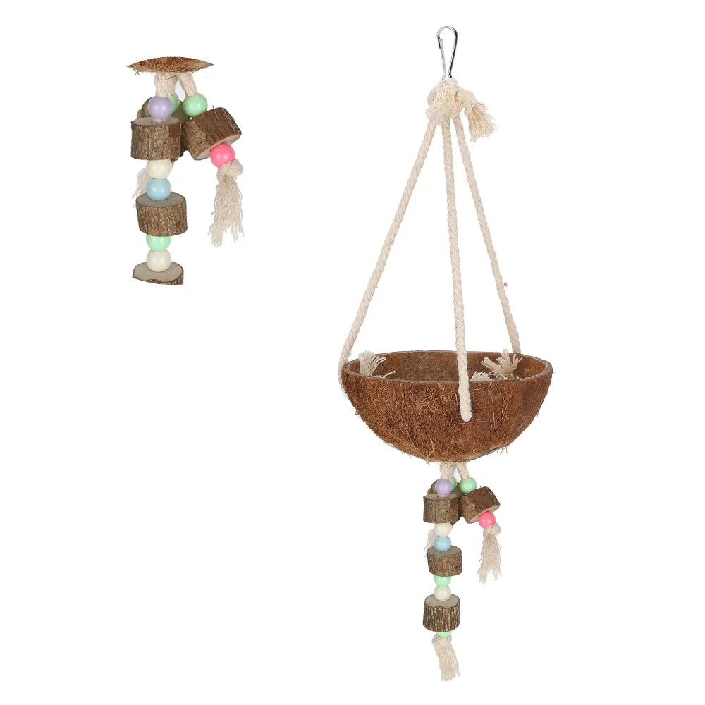 Coconut Shell Parrot Swing Nest – Hanging Rope & Metal Buckle