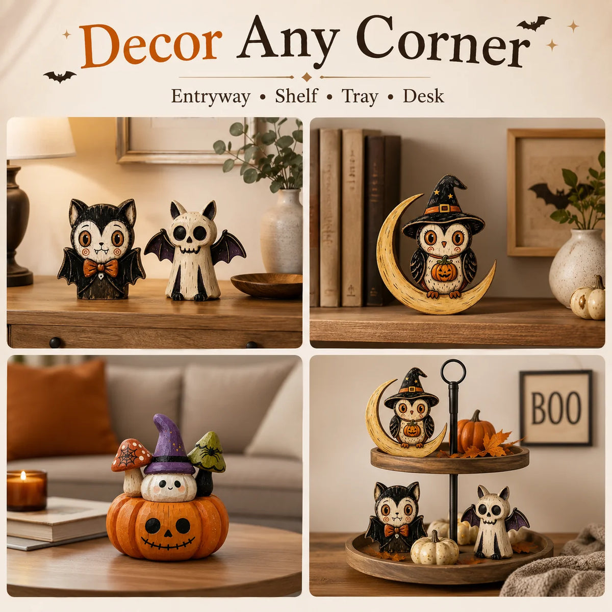 Halloween Wooden Figurines – Owl Ghost Pumpkin & Vampire Cat