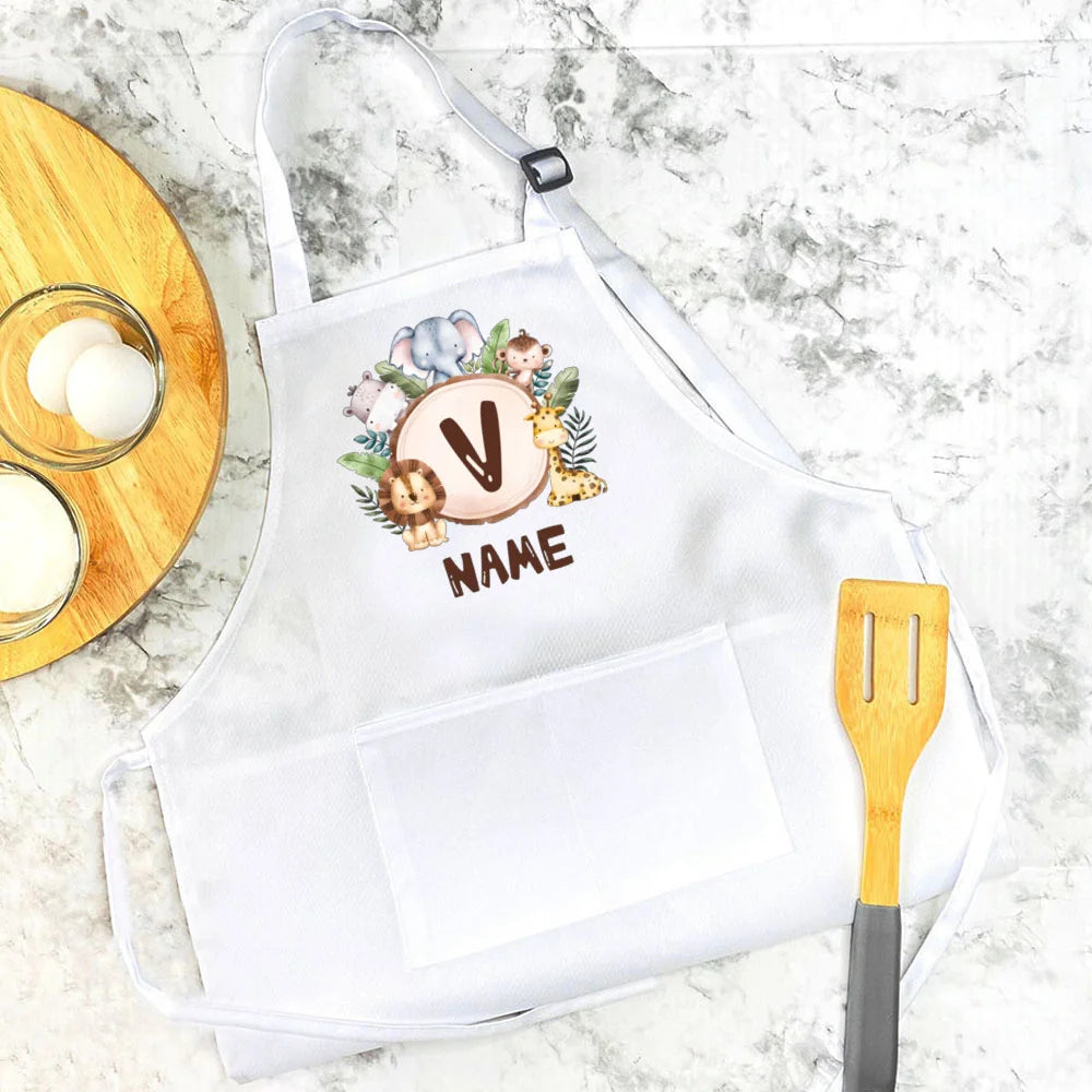 Personalized Kids Cooking Apron – Safari Animals Name & Initial