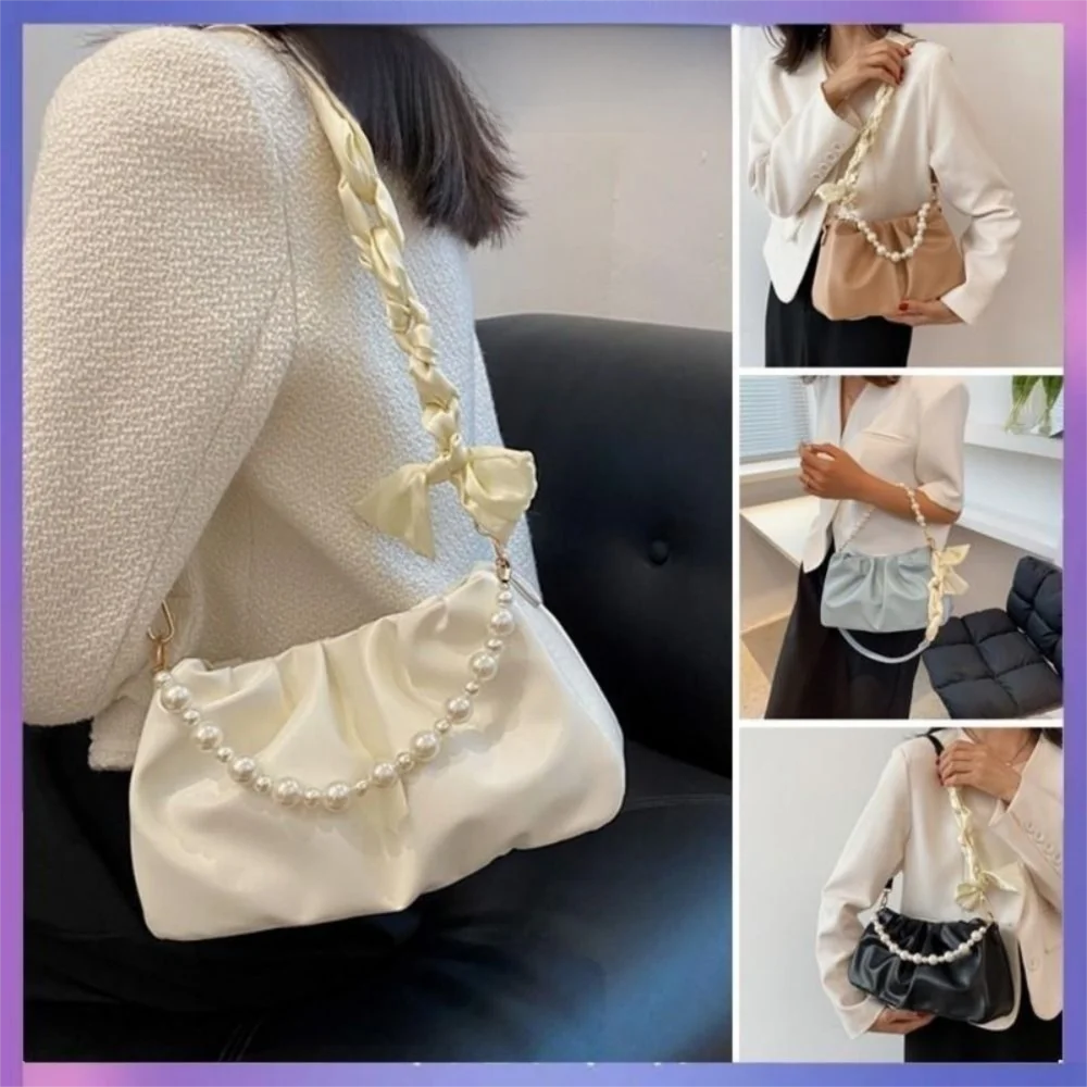 Pleated PU Leather Shoulder Bag with Pearl Detail | Women's Purse