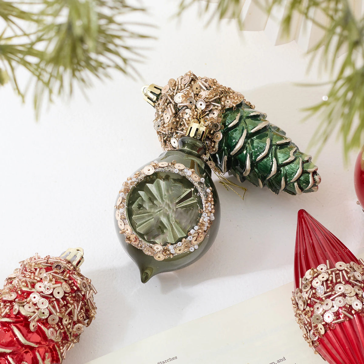 3-Piece Vintage Glass Christmas Ornament Set – Red & Gold