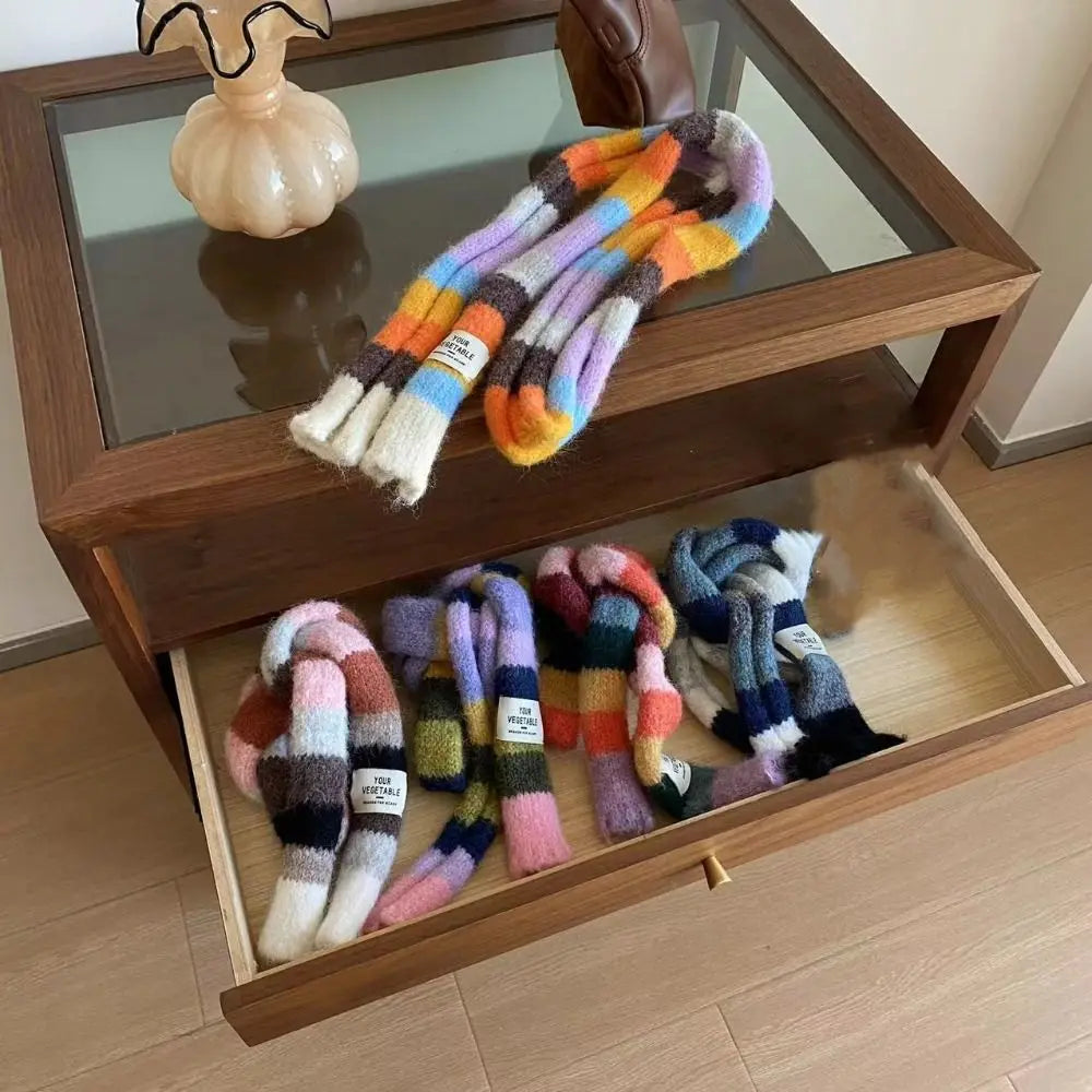 Y2K Rainbow Stripe Knitted Scarf – Slim Colorful Winter Scarf