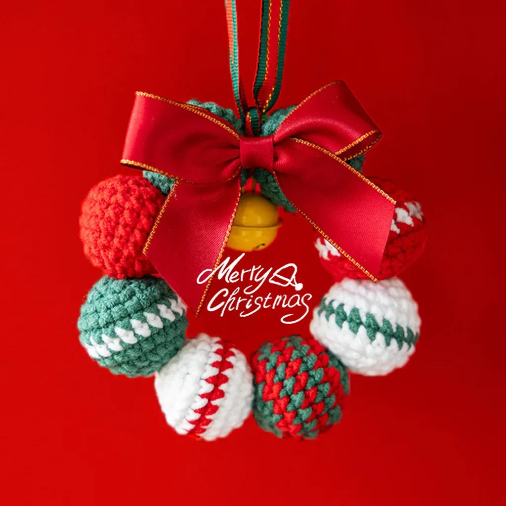 Handmade Crochet Christmas Pom Pom Wreath Keychain Ornament