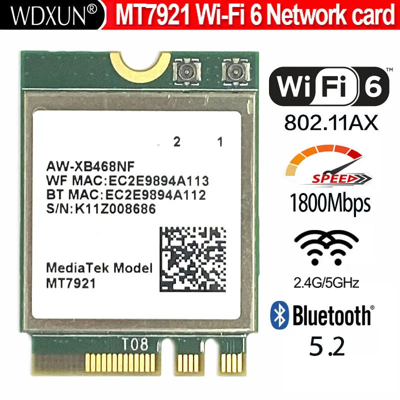 Wi-Fi 6 MT7921 M.2 NGFF Network Card – Dual-Band + BT 5.2