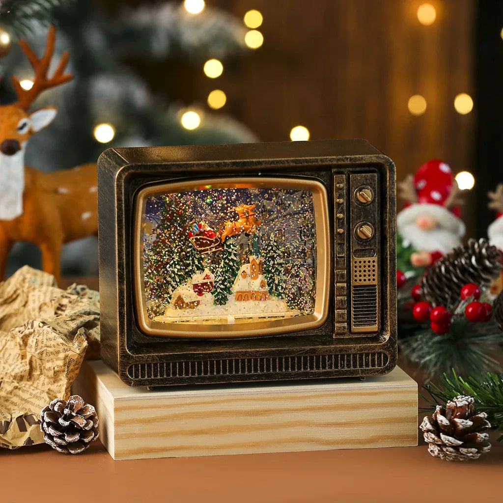 Vintage TV LED Christmas Snow Globe Music Box Ornament