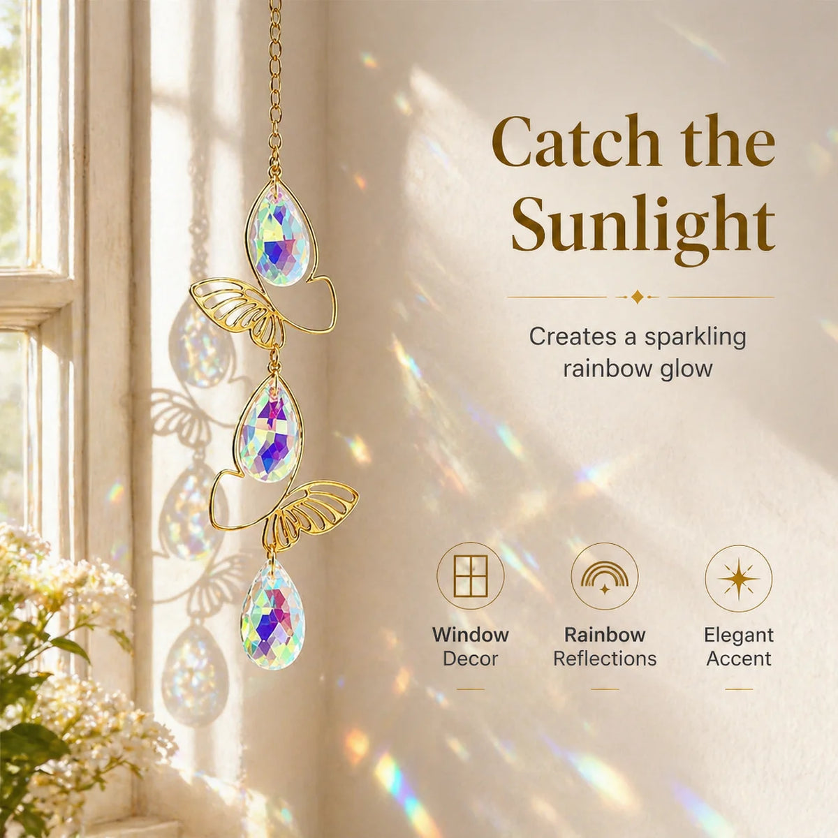 Butterfly Crystal Suncatcher Gold Window Prism Rainbow Ornament