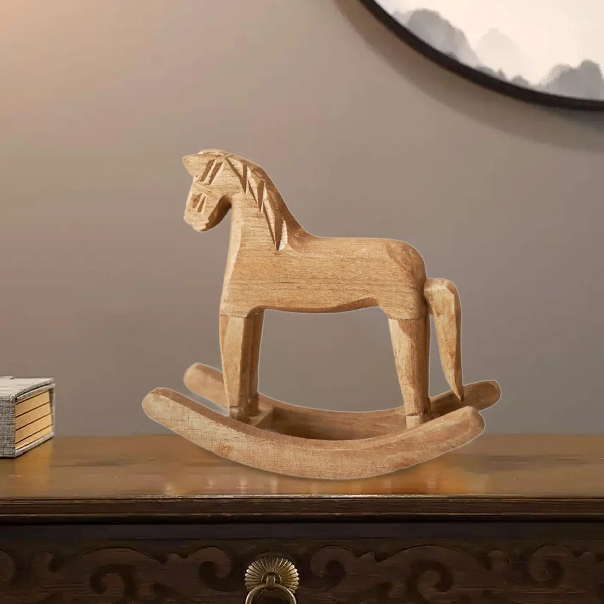 Wooden Rocking Horse Figurine | Tabletop Sculpture Décor