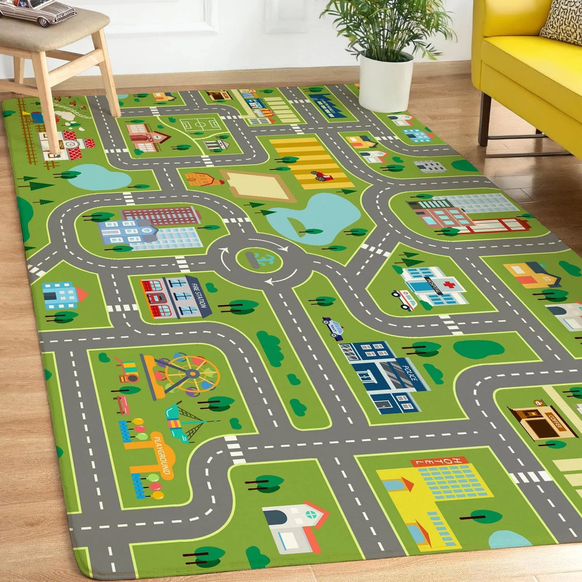Kids City Map Play Rug – Non-Slip Washable Playroom Carpet