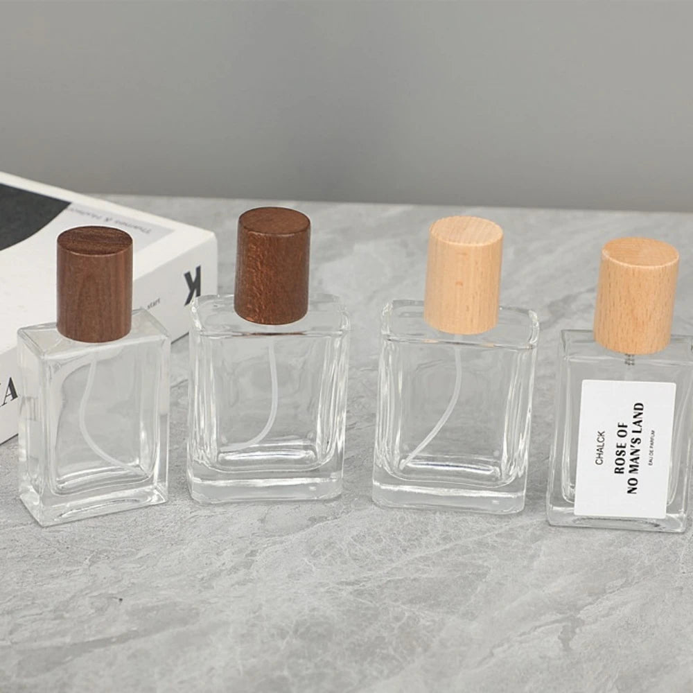 30ml Refillable Square Glass Perfume Spray Bottle Wooden Cap