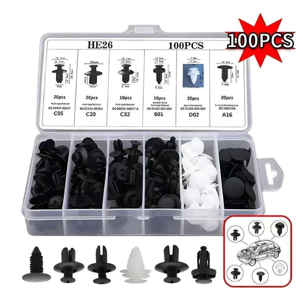 100/50PCS Auto Fastener Clips Kit – Car Trim & Bumper Pins