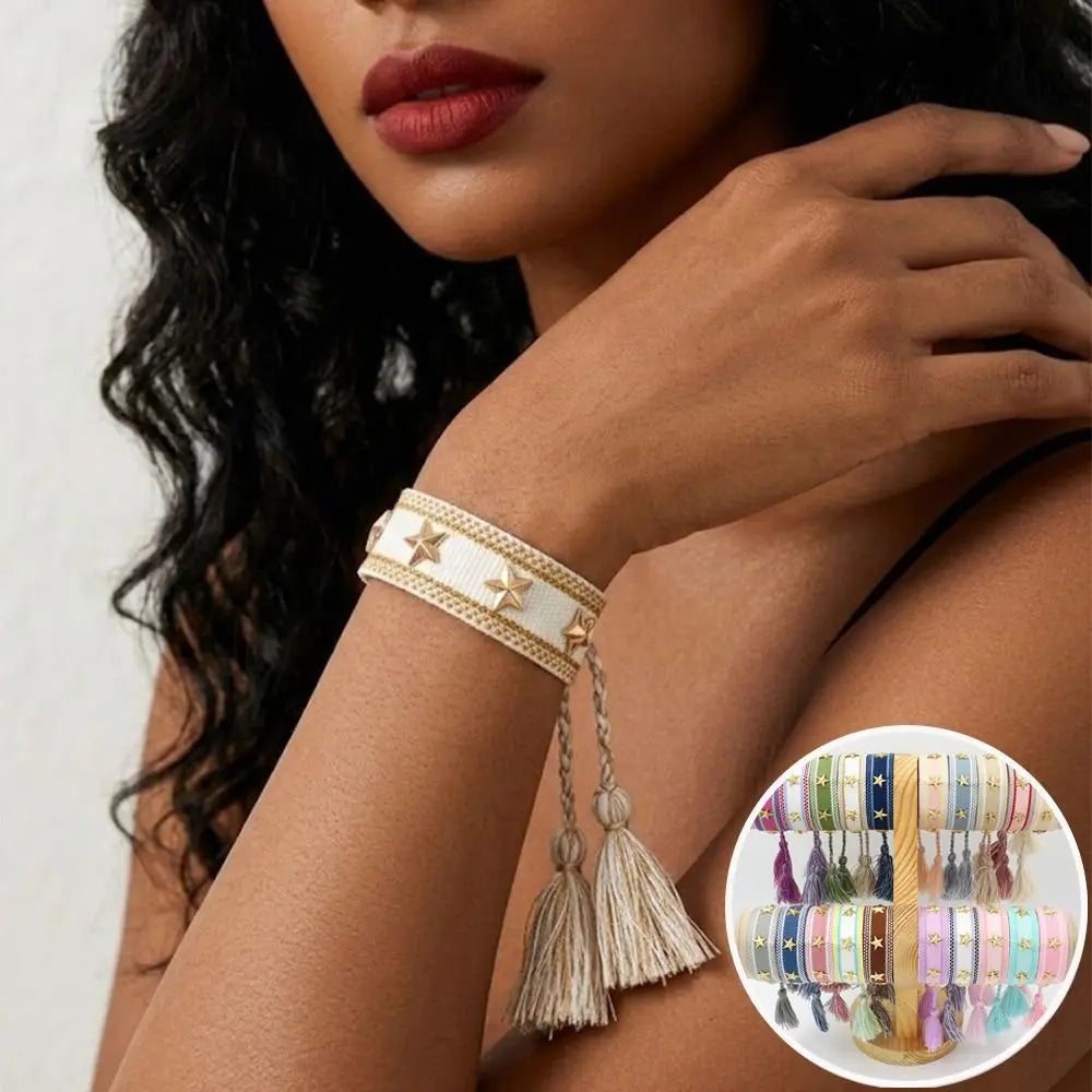 Bohemian Hand Woven Tassel Bracelet – Adjustable Star Rivet
