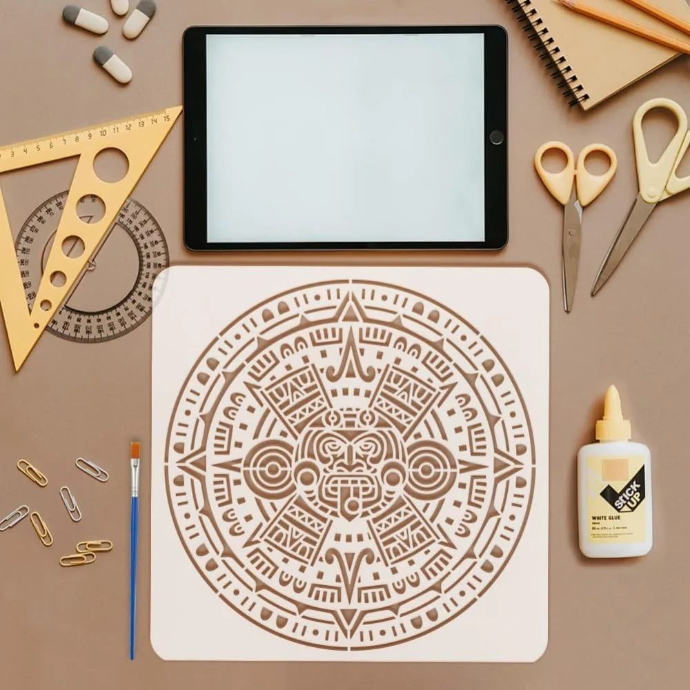 4-Piece Aztec Tribal Stencil Set with Brush | Reusable PET
