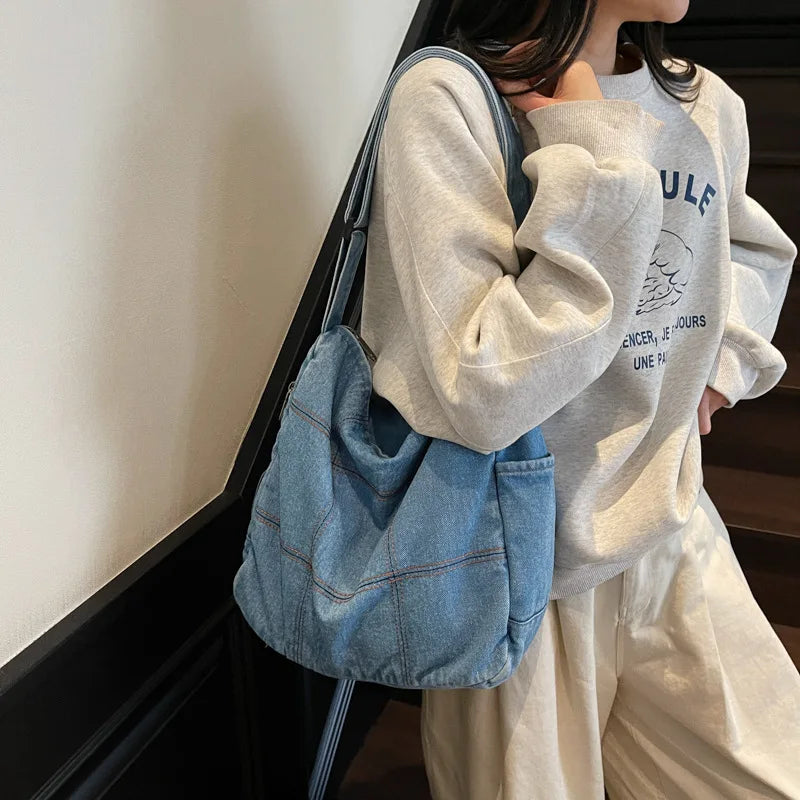 Large Capacity Denim Shoulder Crossbody Tote Bag for Women